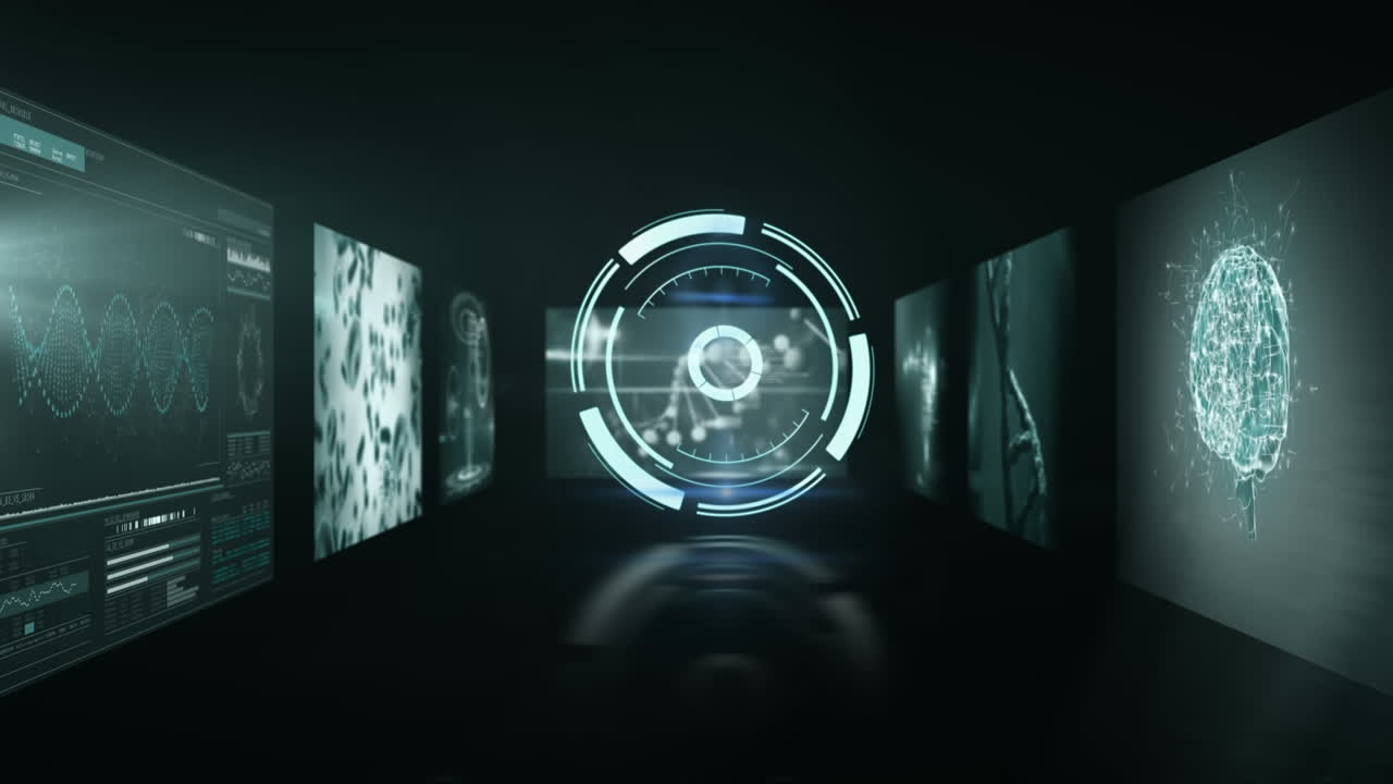 검은색 배경에 대한 여러 의료 인터페이스에 대한 조명 서클의 애니메이션