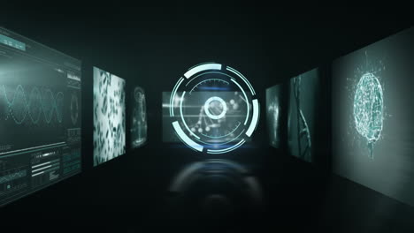 animación de círculos iluminados sobre múltiples interfaces médicas contra un fondo negro
