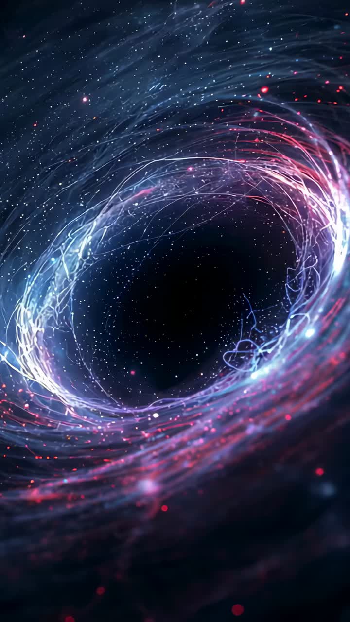 Vertical video: Turning light ring round dark void in space pulling specks inward, flare firing arc