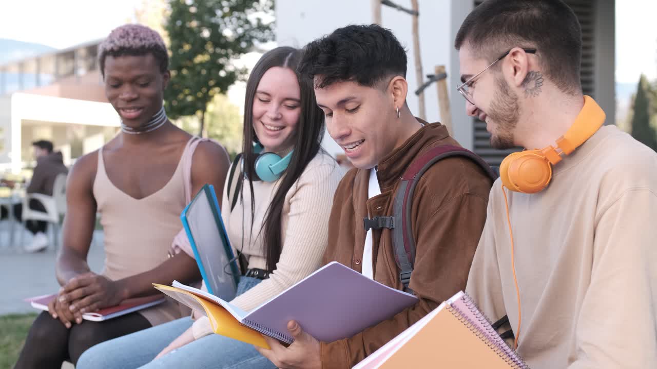 Multiracial group of friends studying together sitting in a park