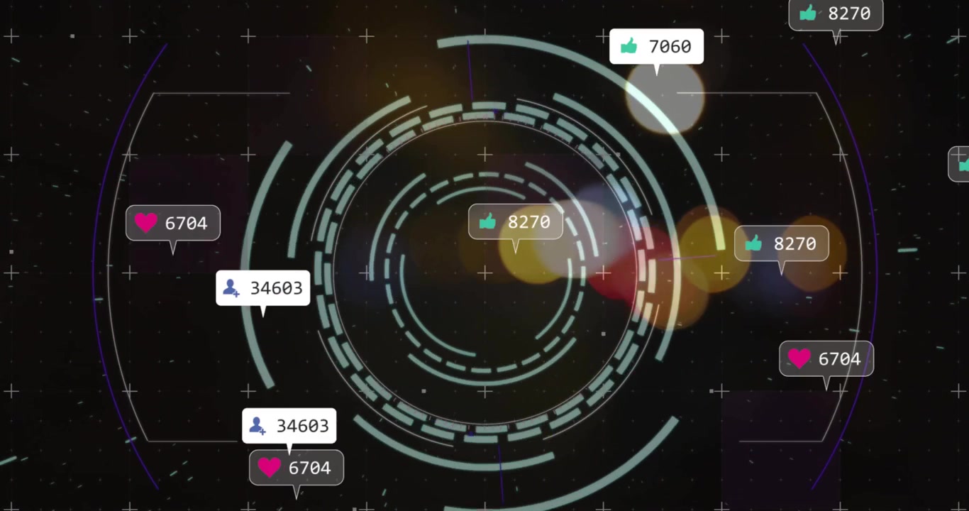 Animation of icons and data processing over out of focus city