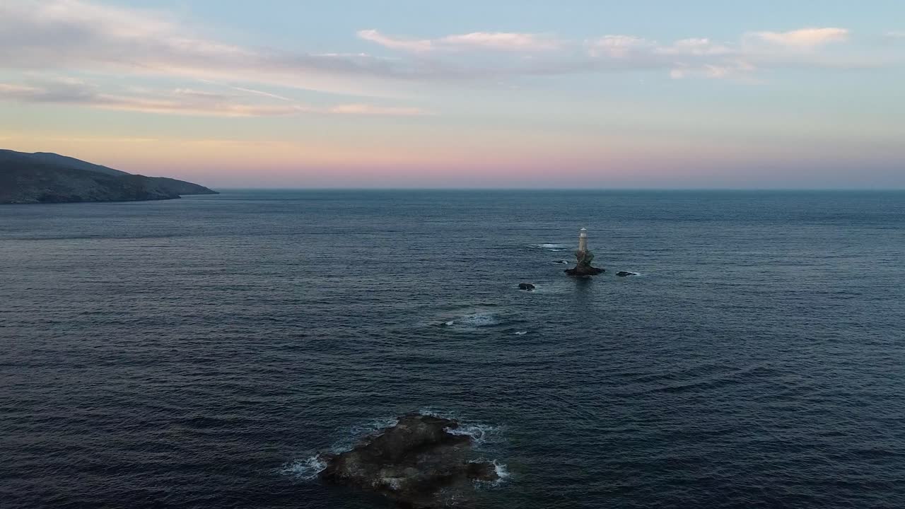 Approaching Aerial of Ancient Chora of Andros Tourlitis Lighthouse, Greece