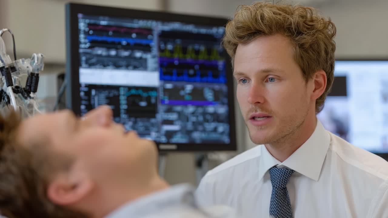 A focused physician analyzes critical health data while discussing treatment options for a patient in a high-tech medical environment, emphasizing the importance of patient care and technology