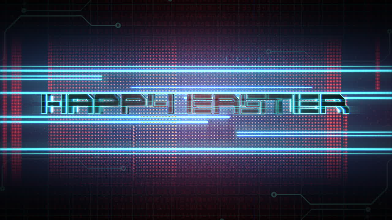 Happy Easter with cyberpunk HUD elements on digital screen