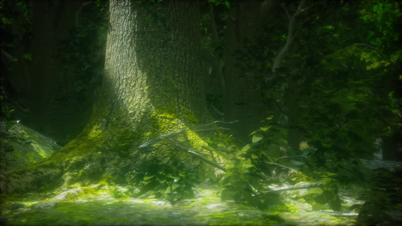 raíces de árboles y sol en un bosque verde