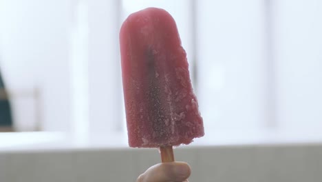 una mano sostiene una paleta de arándanos y la gira lentamente frente a la cámara, detalle y cámara lenta
