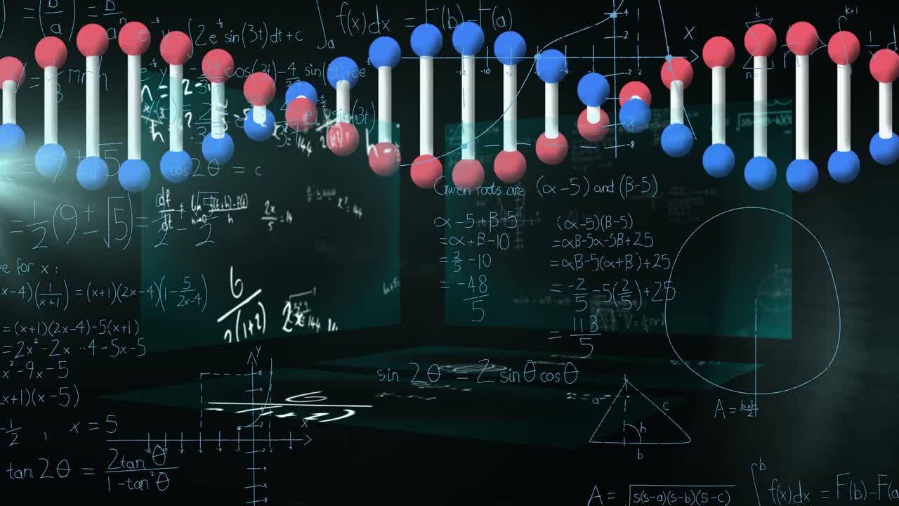 animación del hilado de cadenas de adn, procesamiento de datos y ecuaciones matemáticas en pantallas
