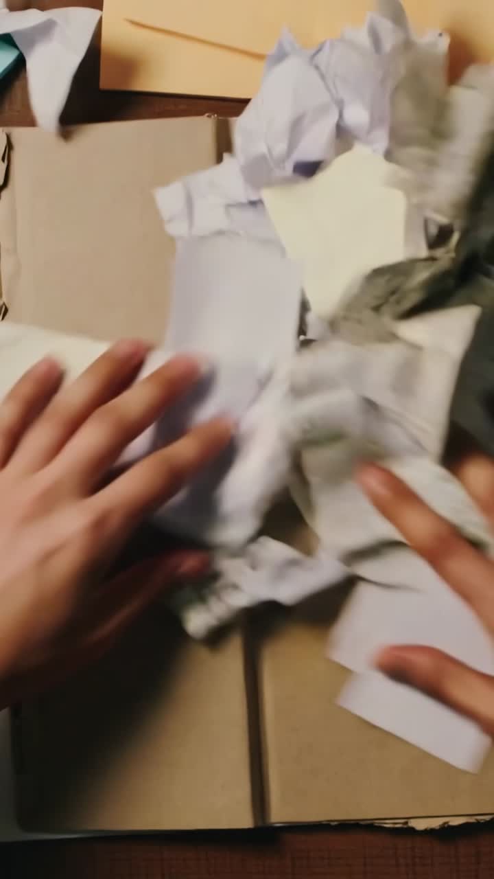 Vertical video: Hands entering, picking rolled paper, crushing and stacking scraps to tidy desk