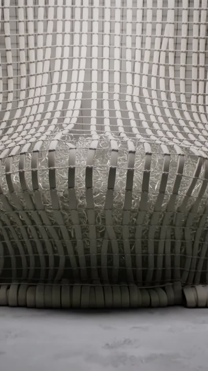 Vertical video: Sagging strap mesh bowing in studio as strain building at center, straps detaching