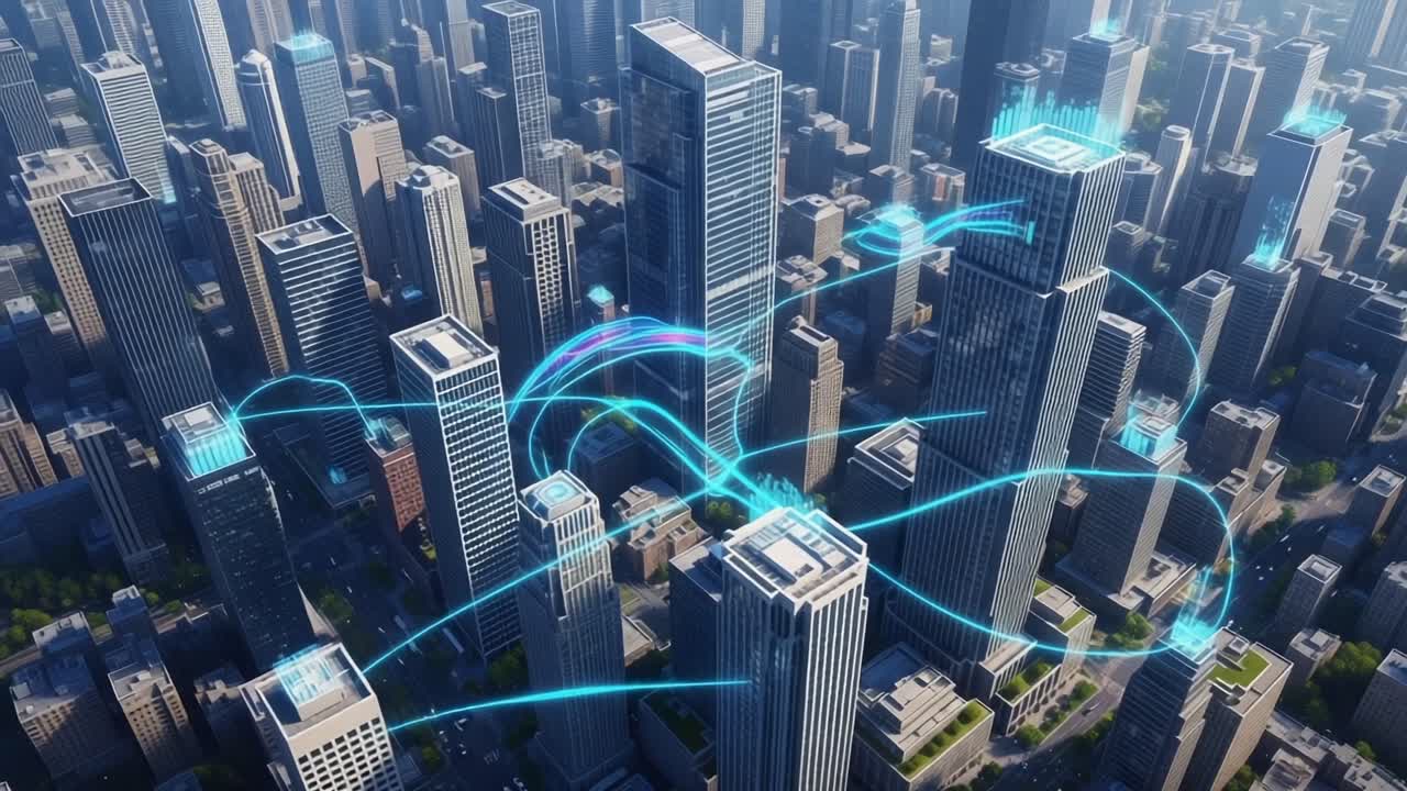 Aerial View of a Futuristic Smart City with Dynamic Light Trails Representing Connectivity and Data Flow Among Skyscrapers and Urban Architecture