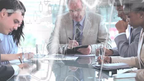 animation of statistics and financial data processing over diverse business people in meeting