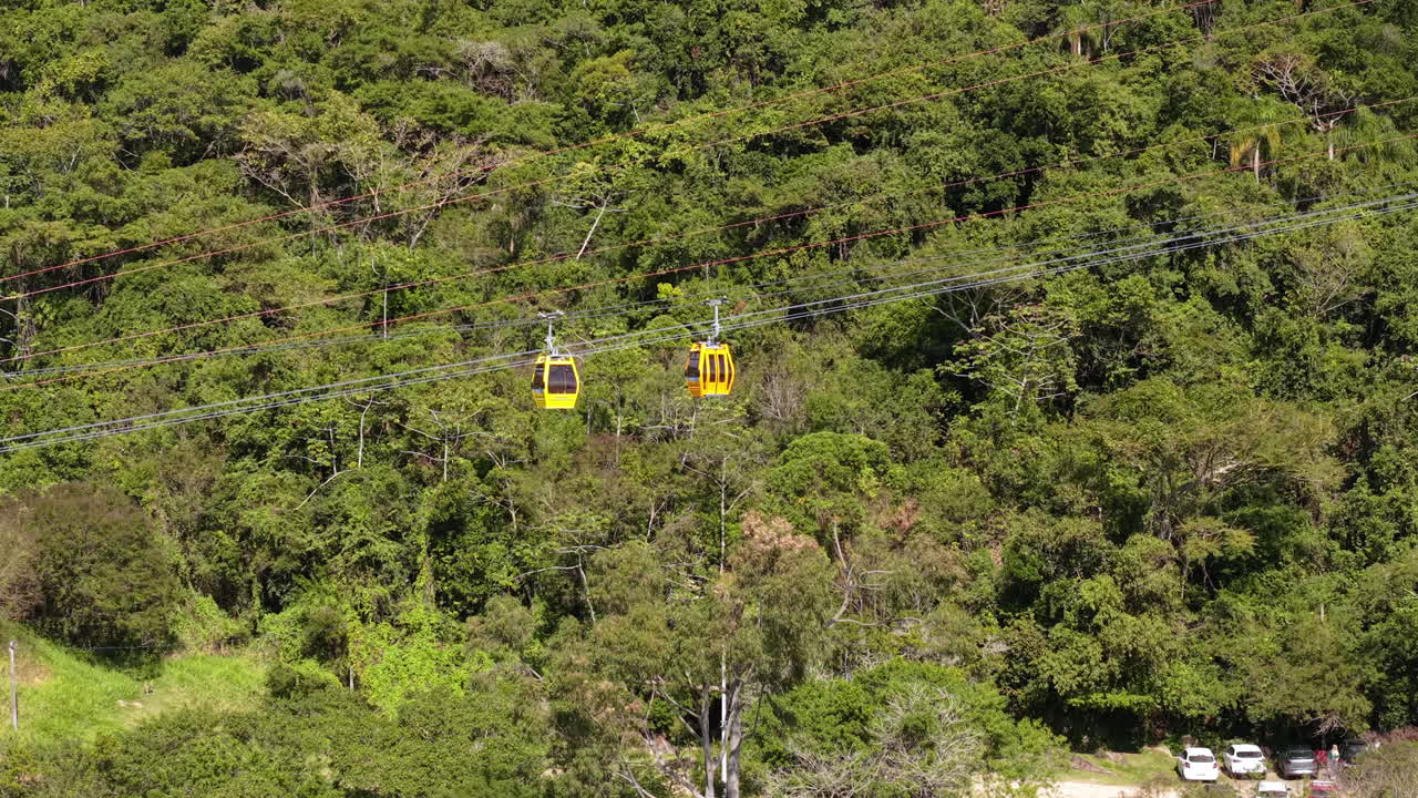 Aerial View of Yellow Cable Cars over Mountain Forest in Balneário Camboriú, Brazil