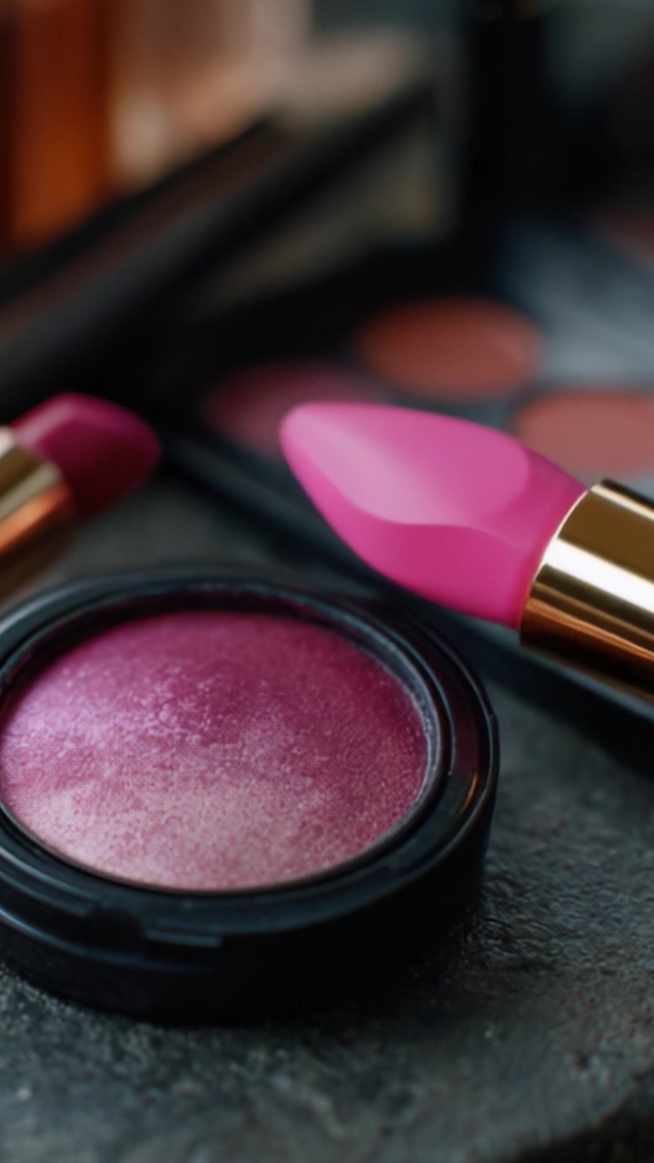 Close-Up of Makeup Products Featuring a Blush Compact and Lipsticks on a Stone Surface with a Palette in the Background Representing Beauty Essentials