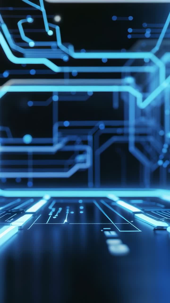Vertical video: Moving camera through digital tunnel with glowing neon blue circuit lines and nodes