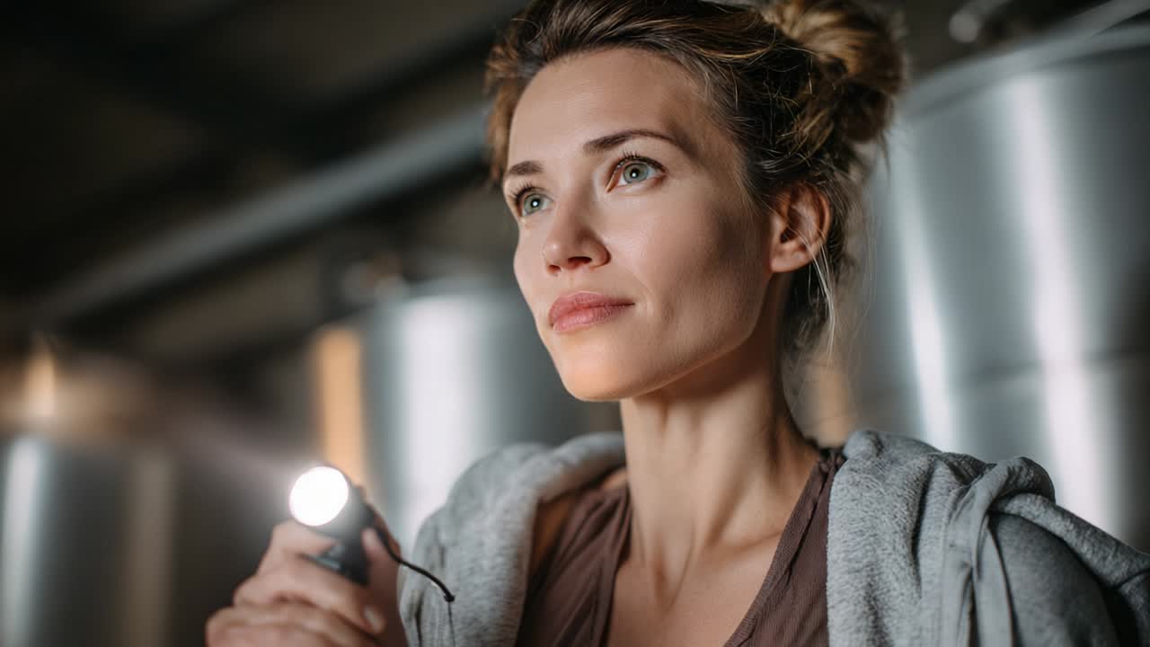 Woman with flashlight in industrial setting