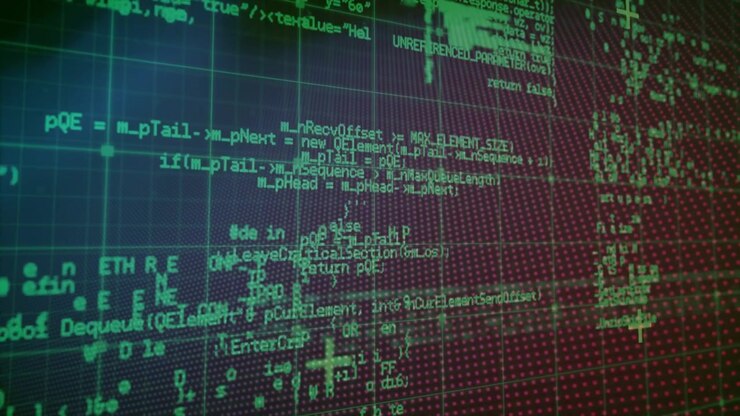 Opening shot centering green code column, panning right, revealing denser code, visualizing data