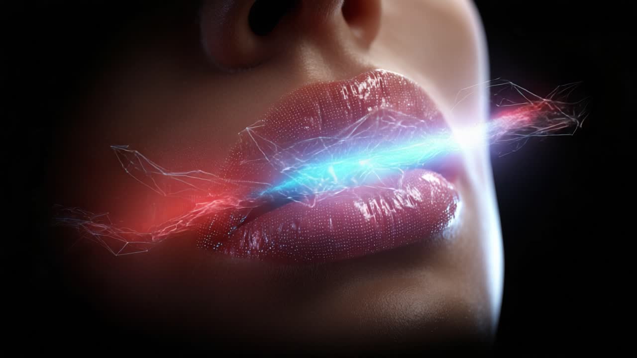 Primo piano accattivante di labbra lucide con intriganti scie luminose su sfondo scuro, che evoca sensualità e uno stile artistico astratto moderno.
