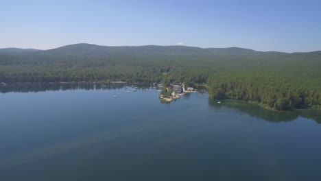 aerial view of a lakeside resort