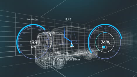 animación del velocímetro, el gps y los datos del estado de carga en la interfaz del vehículo, en un modelo de camión 3d