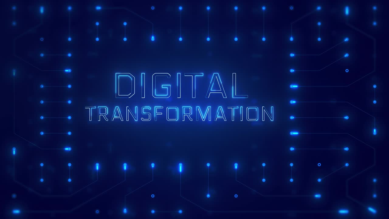 Digital Transformation Text on Blue Circuit Board Background