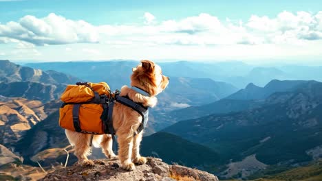 a small dog with a backpack standing on top of a mountain