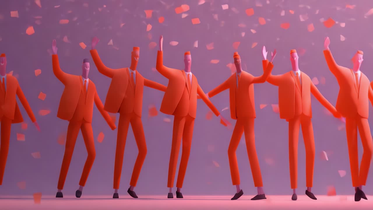 A Vibrant Celebration of Animated Figures in Orange Suits Dancing and Waving Amidst Colorful Confetti, Portraying Joy, Unity, and a Festive Atmosphere in a Playful Art Style