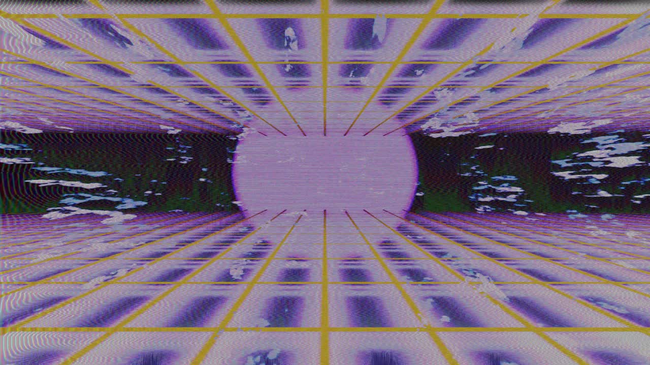 Fundo de grade com falhas no estilo Vaporwave e distorção digital neon.