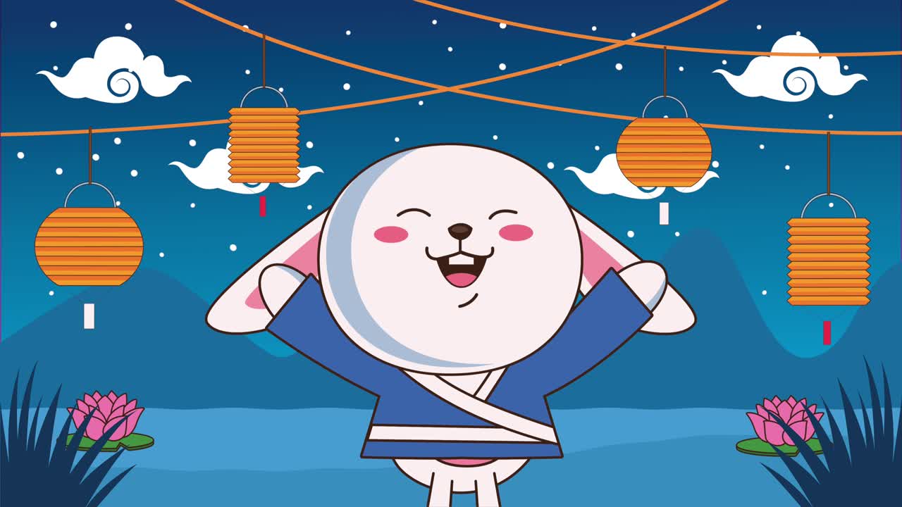 호수 장면에서 토끼와 램프와 함께 중 가을 축제 애니메이션