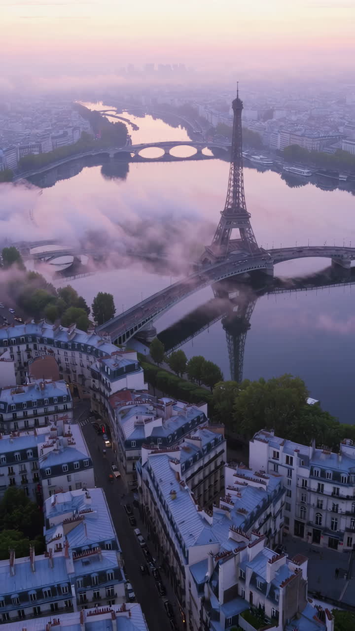 Veduta mattutina nebbiosa della Torre Eiffel e del fiume Senna a Parigi
