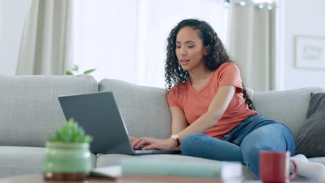 Laptop-thinking,-home-living-room-and-woman-relax