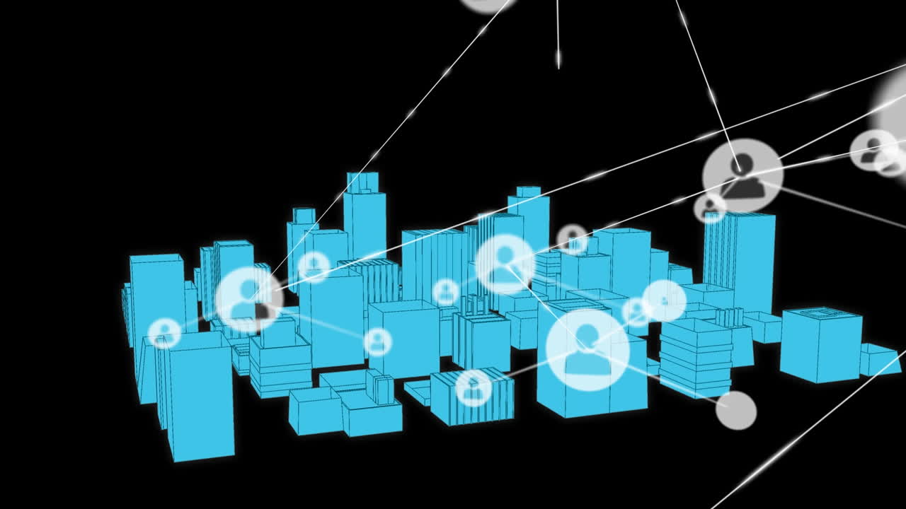 animación de la red de conexiones con iconos sobre el dibujo de la ciudad en 3d