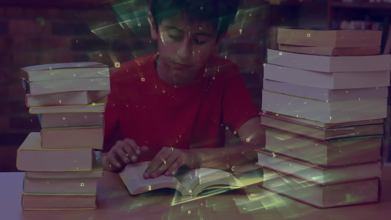 Boy leaning over textbook and scanning lines generating neon-green grid overlay in education