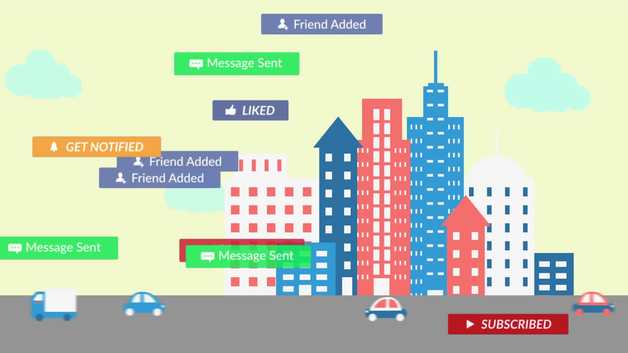 도시 풍경 위에 디지털 아이콘이 있는 배너에 있는 소셜 미디어 텍스트의 애니메이션