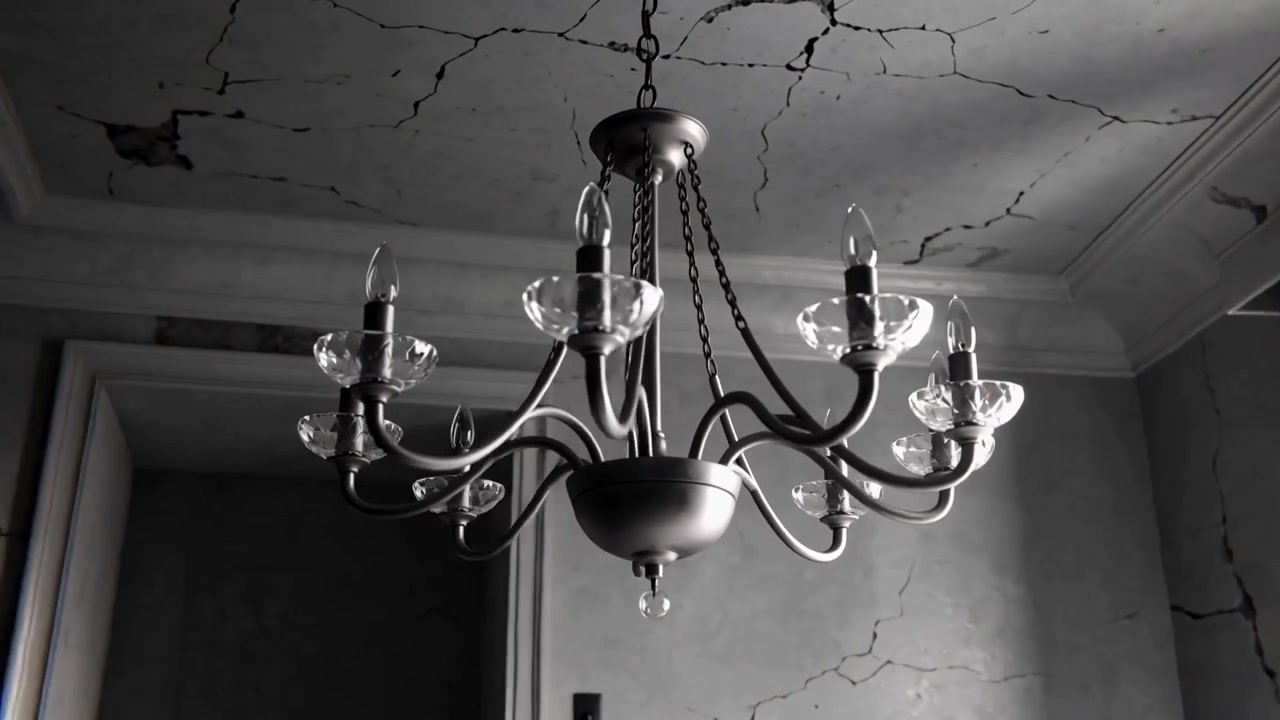 Panoramica della telecamera che rivela un lampadario con lampadina a vista in una stanza danneggiata, mostrando intonaco crepato.