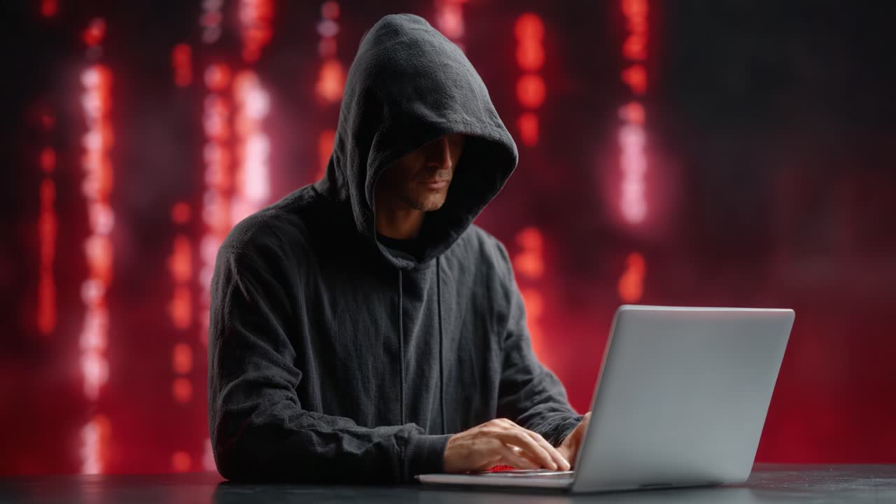 A mysterious figure in a hoodie working intently on a laptop against a backdrop of red digital patterns, invoking the essence of cybersecurity and cyber intrigue