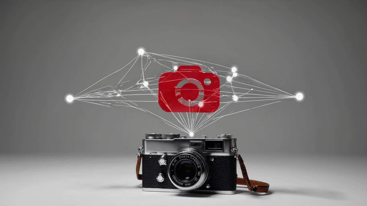 디지털 그래픽 오버레이를 가진 빈티지 카메라