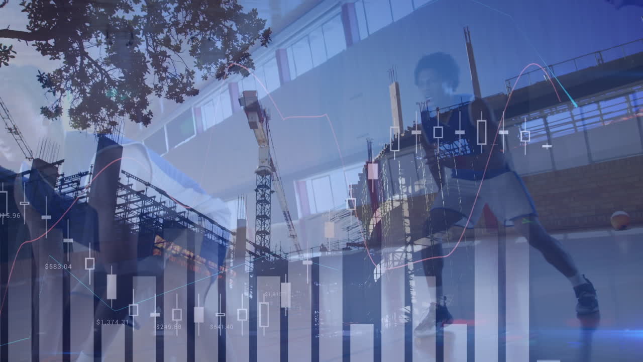 다양한 농구 선수와 도시 풍경에 대한 금융 데이터 처리 애니메이션
