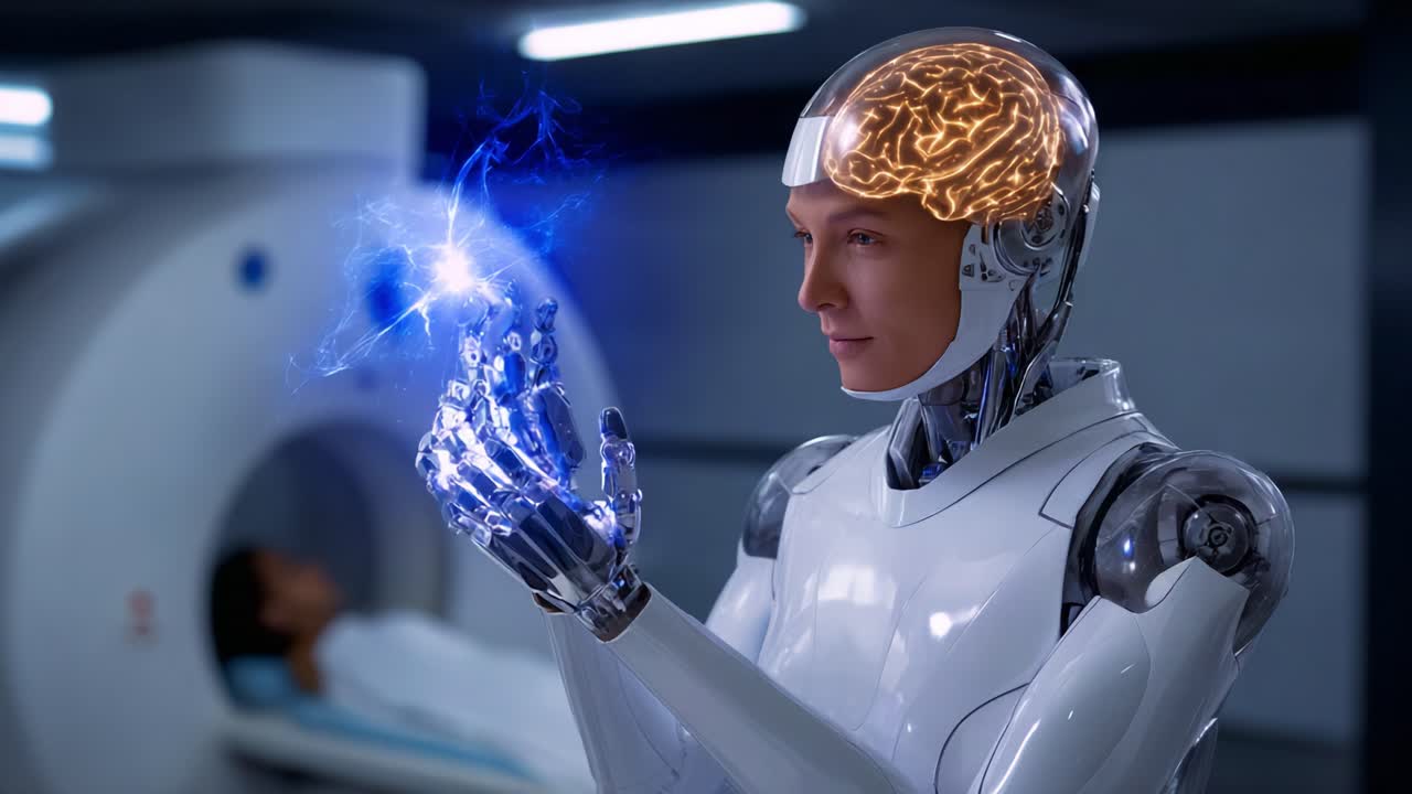 A futuristic humanoid robot displays advanced cognitive technology, showcasing a glowing brain interface and a powerful energy manipulation capability in a clinical environment