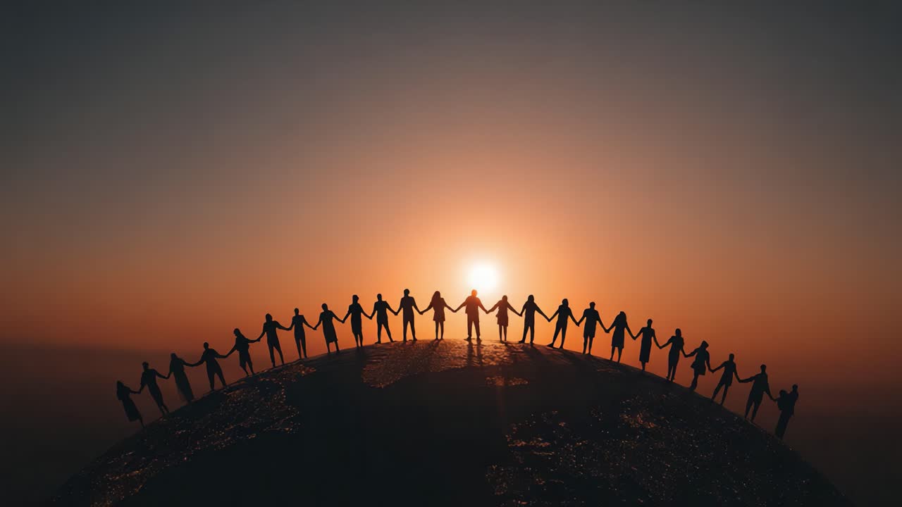 A Unified Human Circle at Sunset: Silhouettes of People Holding Hands Around the Globe Against a Vibrant Orange Sky