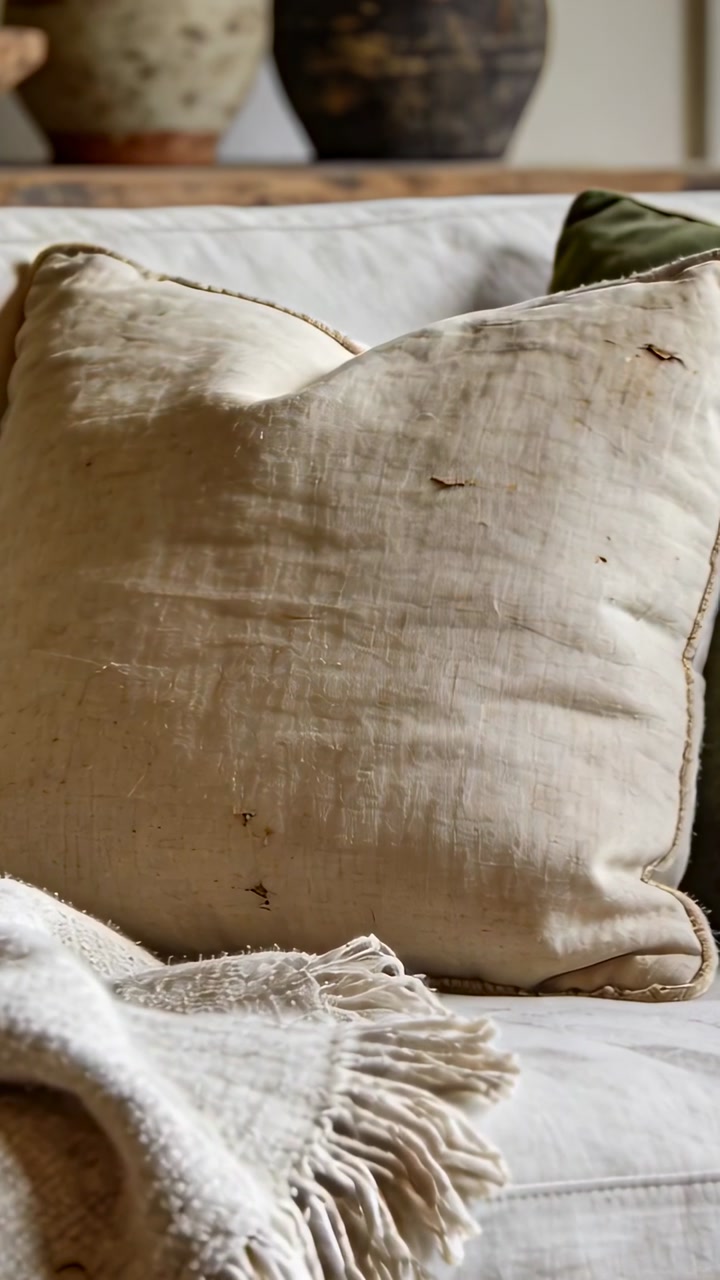 Vertical video: Moving camera revealing beige pillow on sofa with fringed throw, showing texture
