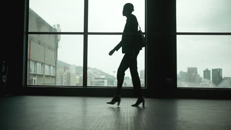 Silhouette of a woman walking by a window overlooking a cityscape