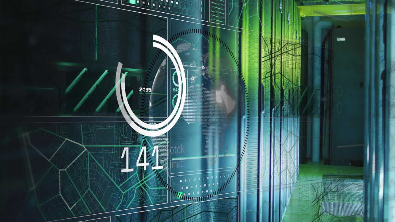 Digital interface with data processing animation over server room background