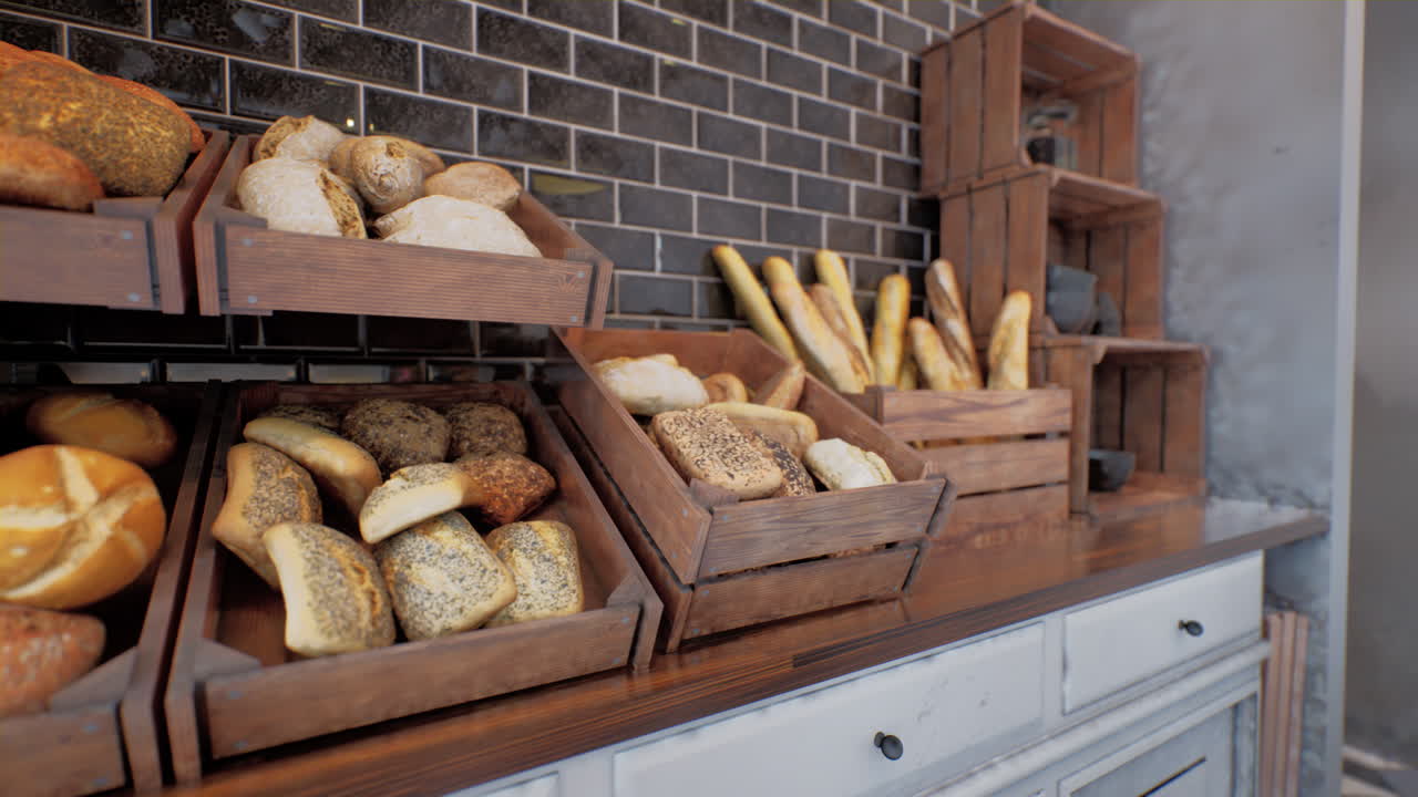 Fresh bread on shelves in bakery
