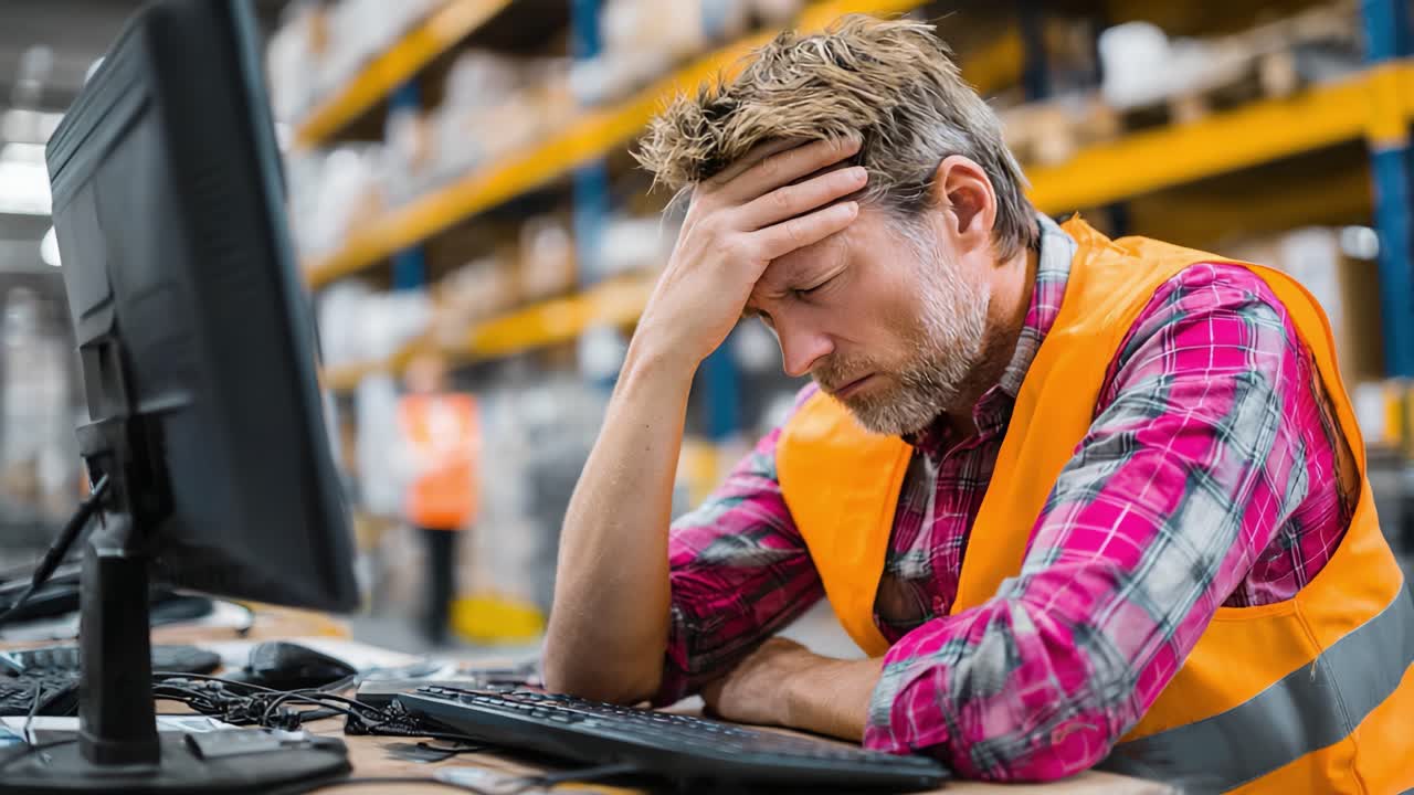 An Overwhelmed Warehouse Worker Displays Signs of Stress and Fatigue While Facing Challenges at His Computer in a Busy Industrial Environment