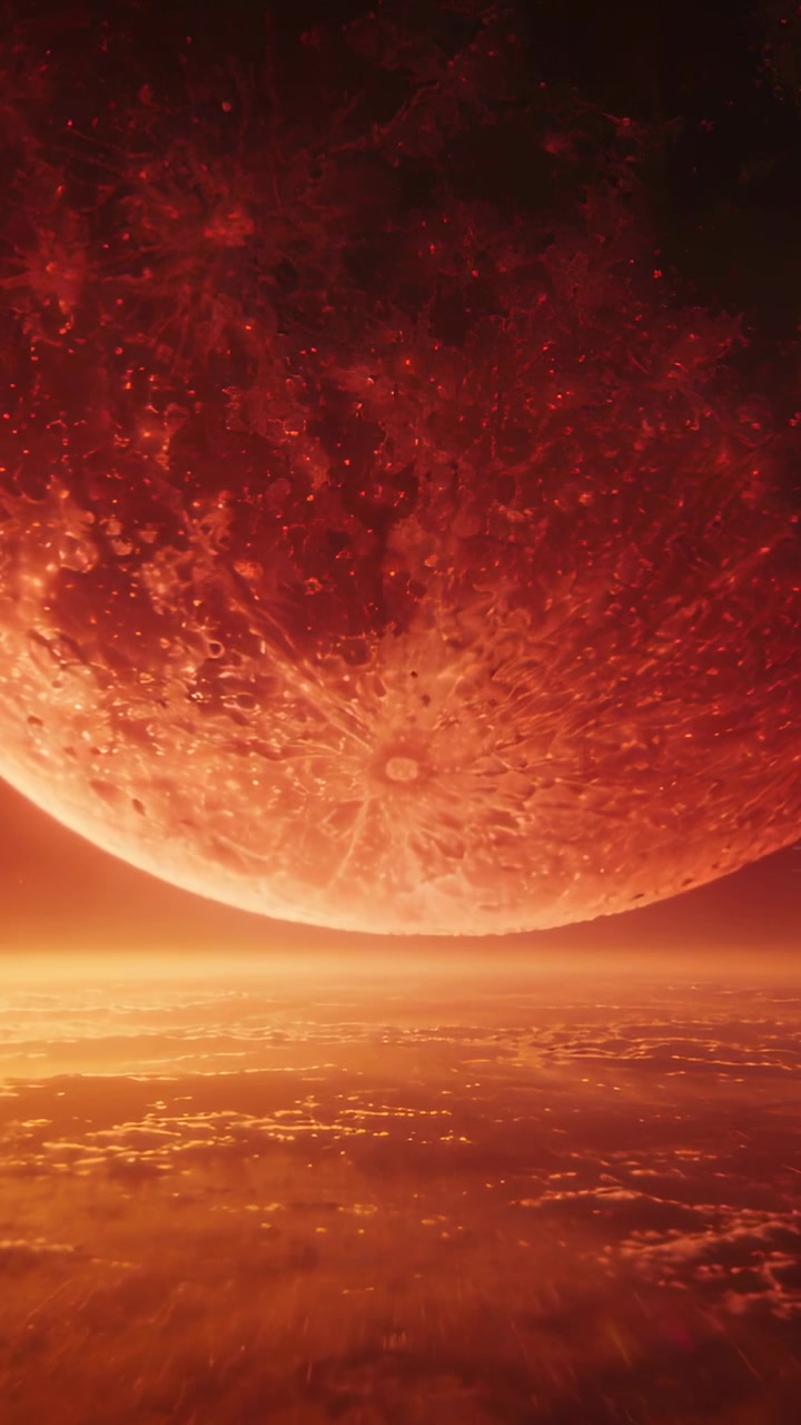 Wideo pionowe: Kamera panoramująca, centrująca czerwoną planetę nad horyzontem chmur, ukazująca szczegóły krawędzi krateru.