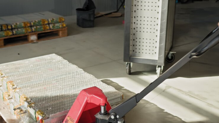 Worker using hand pallet jack to move pallets of electronics and batteries