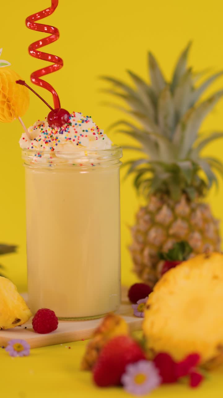 Mano che inserisce una cannuccia a spirale rossa in un frullato cremoso all'ananas, circondato da frutta fresca, con illuminazione brillante.