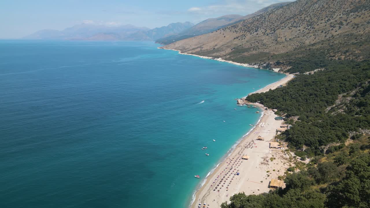 Panoramic aerial overview above stunning Albanian Riviera coastline