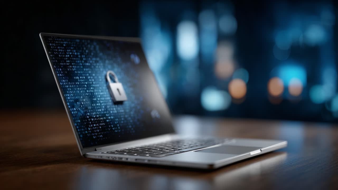 Modern Laptop Displaying Digital Lock Symbol with Encryption Codes, Representing Cybersecurity and Data Protection, in a Dimly Lit Environment