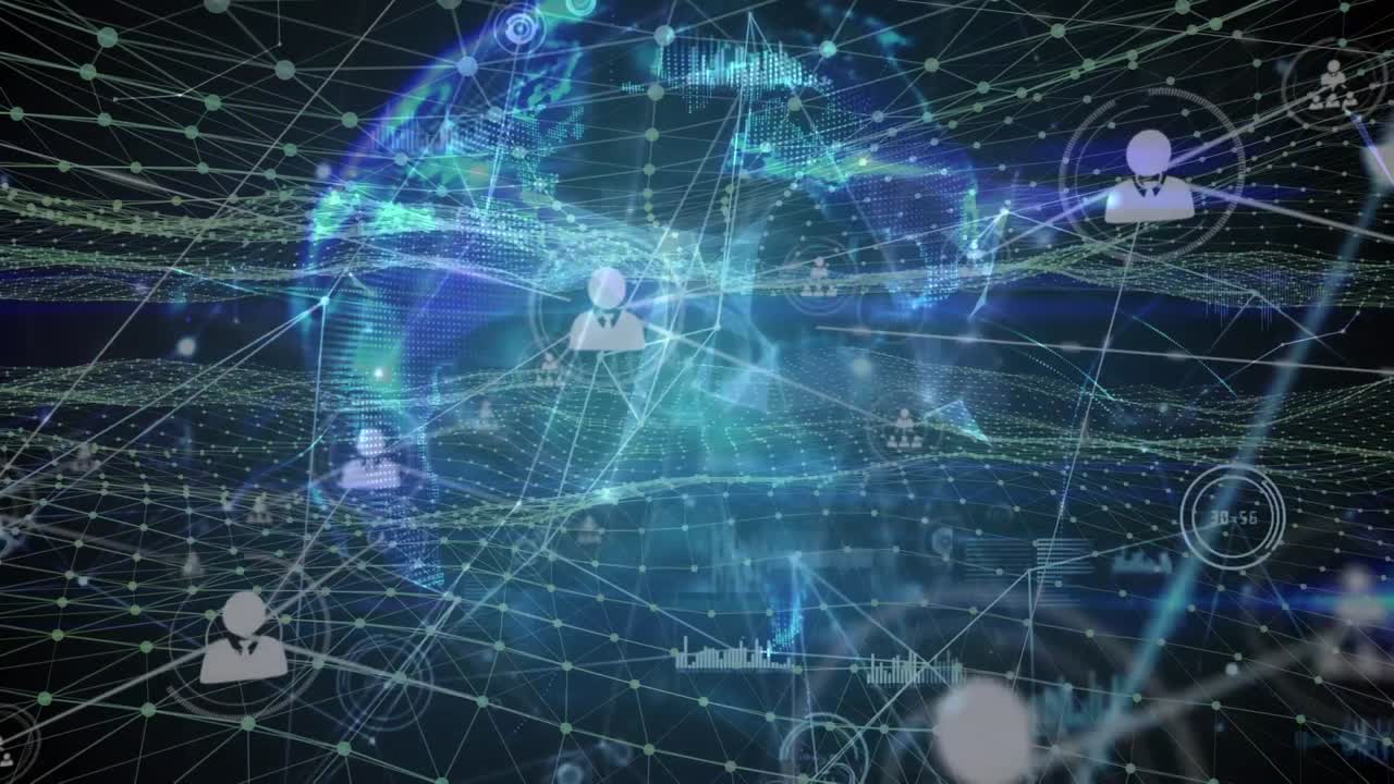 animación de la red de conexiones con iconos y procesamiento de datos sobre fondo negro